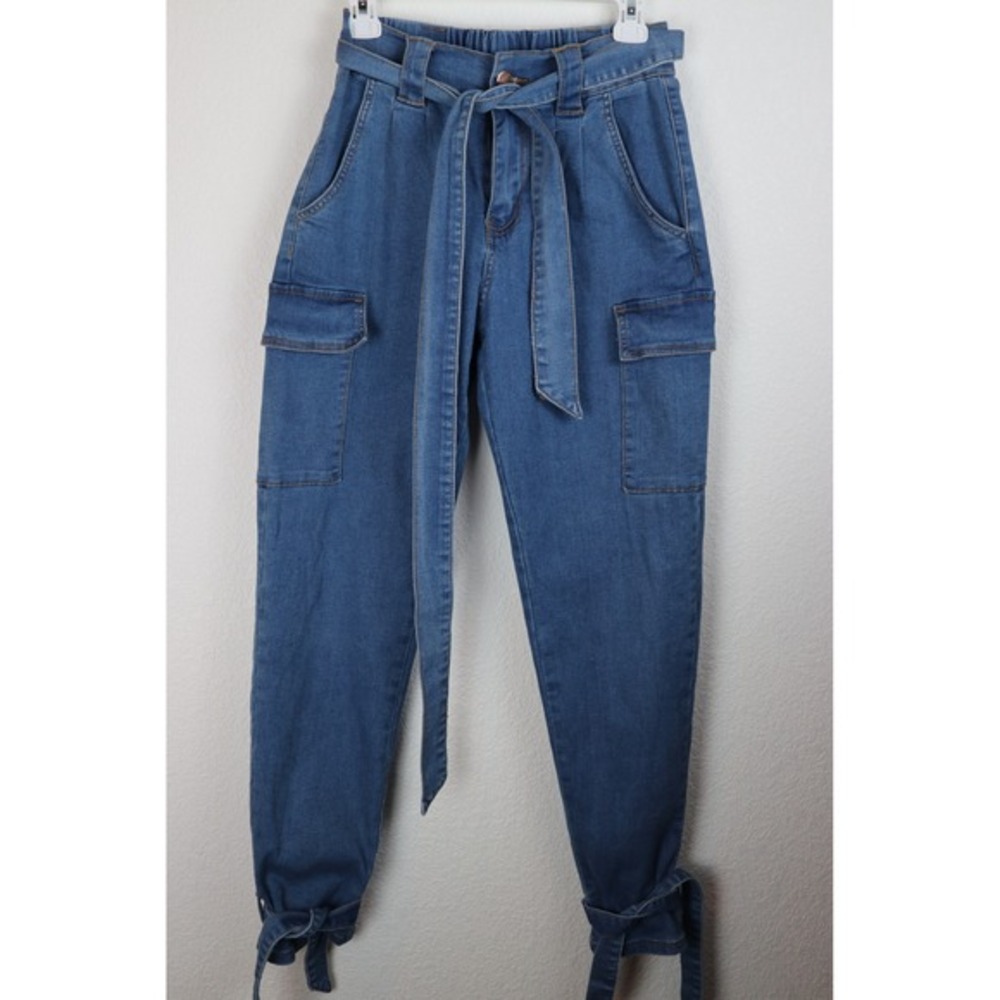 American Bazi Women Blue Denim Cargo Pants Tie Waist Ankle Tie